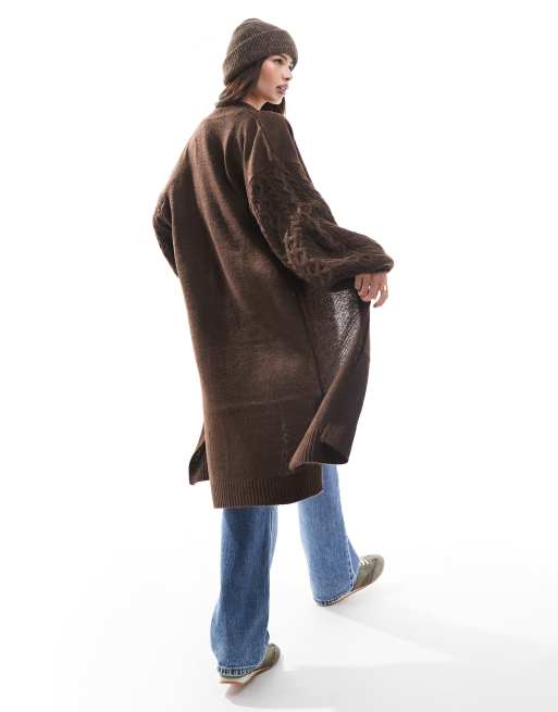 Threadbare cable knit longline cardigan in brown ASOS
