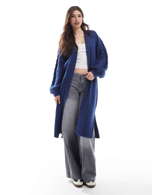Threadbare cable knit longline cardigan in navy