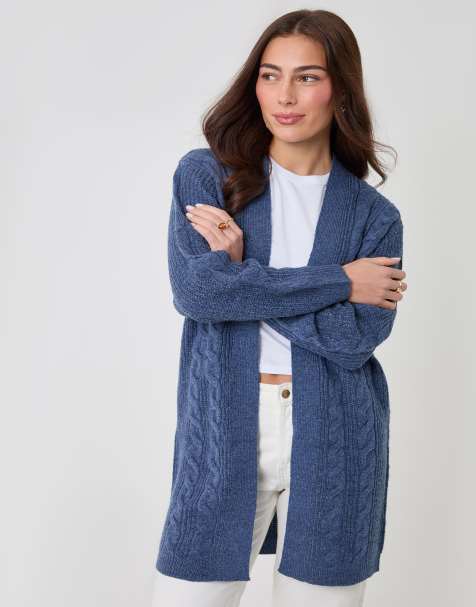 Threadbare Cable knit open cardigan in mid blue - view 1