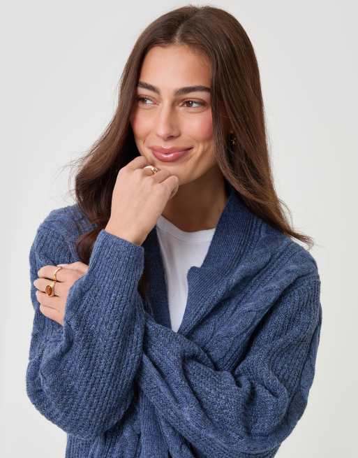 Threadbare Cable knit open cardigan in mid blue, 3 of 4