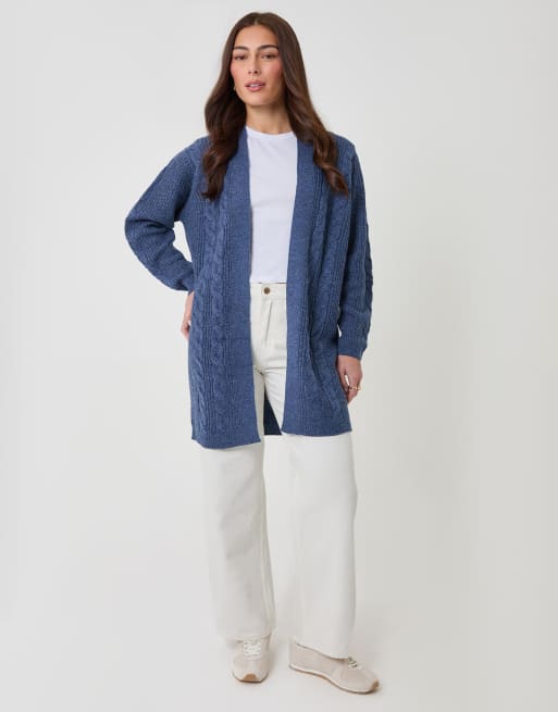 Threadbare Cable knit open cardigan in mid blue, 4 of 4