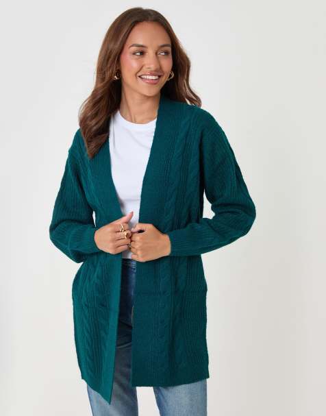 Threadbare Cable knit open cardigan in teal - view 1