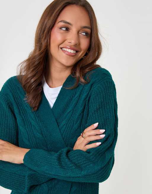 Threadbare Cable knit open cardigan in teal, 3 of 4