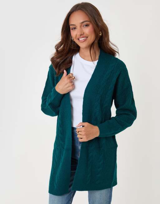 Threadbare Cable knit open cardigan in teal, 4 of 4