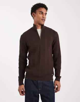 Threadbare cable knit quarter zip jumper in chocolate brown