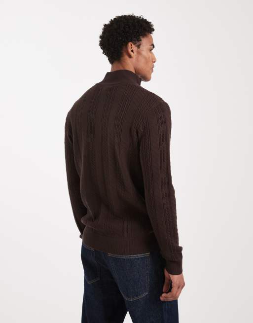 Threadbare cable knit quarter zip jumper in chocolate brown, 3 of 5
