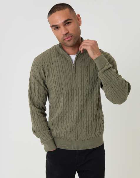 Threadbare Cable knit quarter zip jumper in olive
