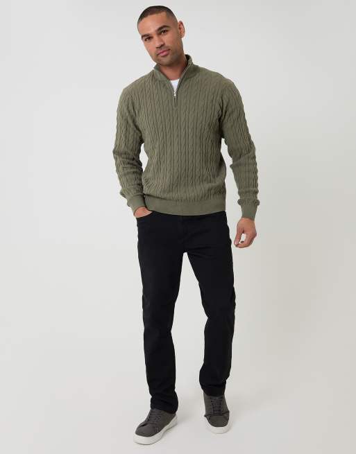 Threadbare Cable knit quarter zip jumper in olive, 2 of 4