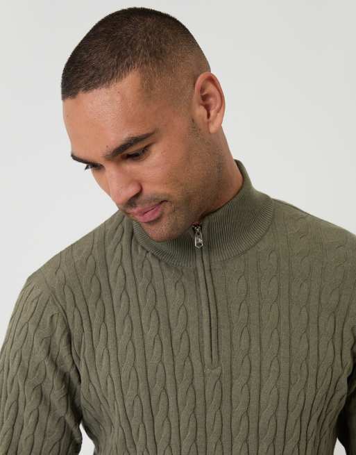 Threadbare Cable knit quarter zip jumper in olive, 3 of 4