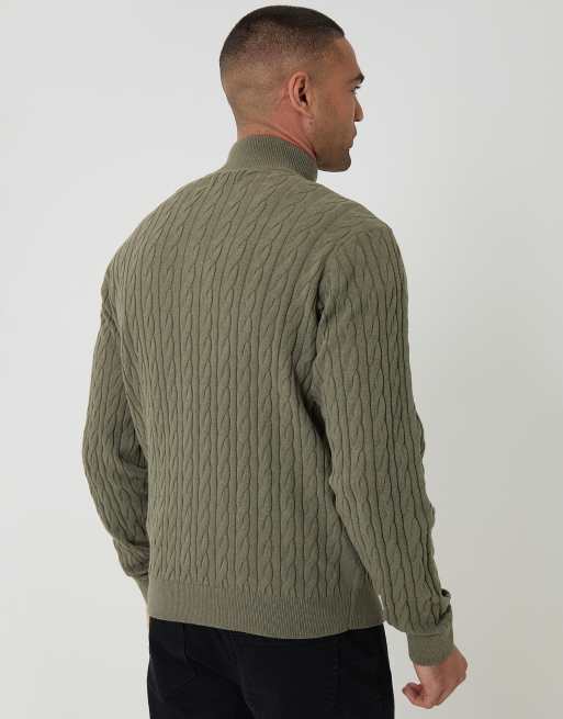 Threadbare Cable knit quarter zip jumper in olive, 4 of 4