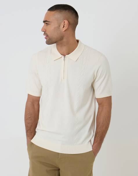 Threadbare Cable knit quarter zip polo in natural - view 1