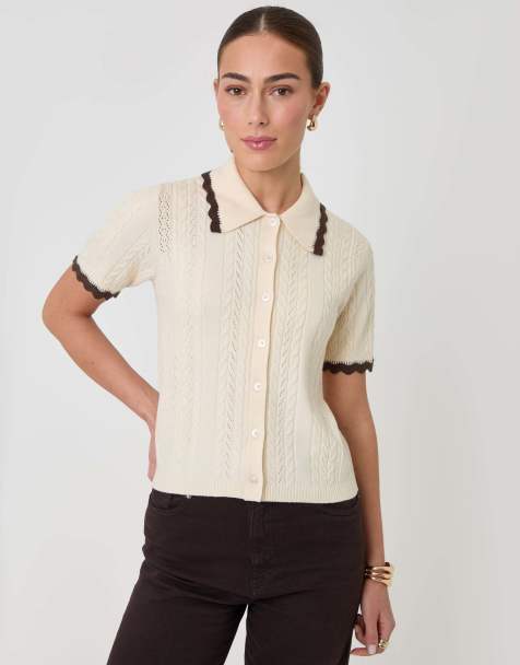 Threadbare Cable knit scallop trim polo in cream - view 1