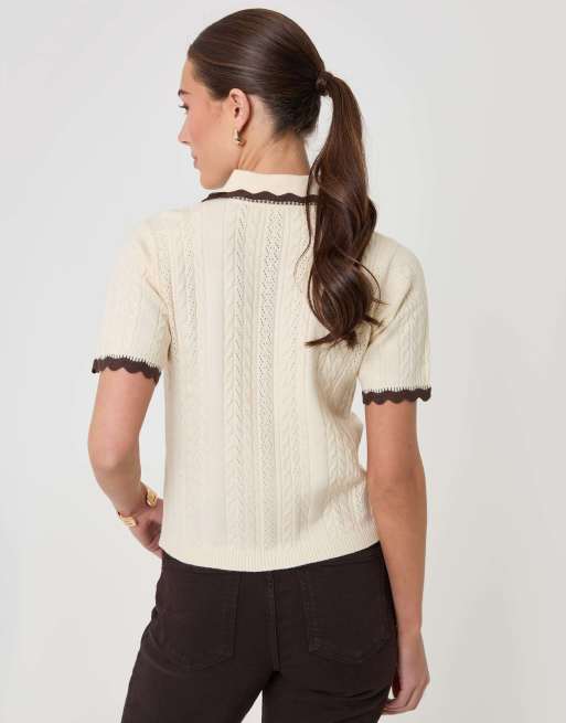 Threadbare Cable knit scallop trim polo in cream, 2 of 5