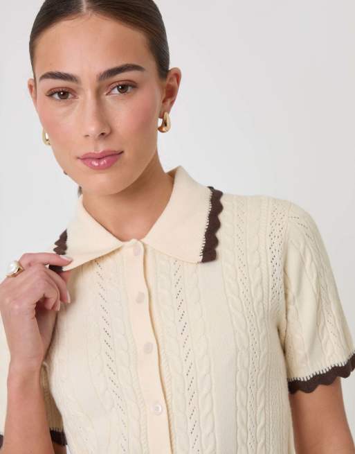Threadbare Cable knit scallop trim polo in cream, 3 of 5