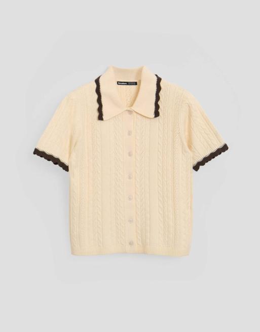 Threadbare Cable knit scallop trim polo in cream, 5 of 5