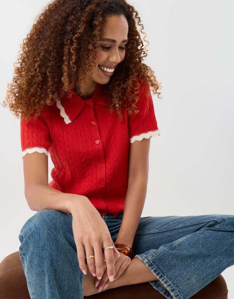 Threadbare Cable knit scallop trim polo in red - view 1