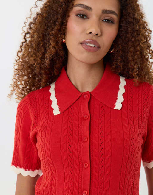 Threadbare Cable knit scallop trim polo in red, 2 of 5