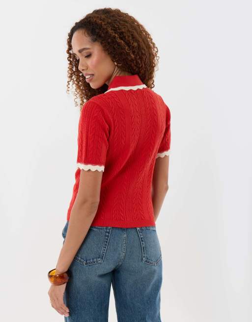 Threadbare Cable knit scallop trim polo in red, 4 of 5