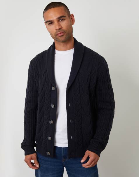 Threadbare Cable knit shawl collar cardigan with wool in navy - view 1