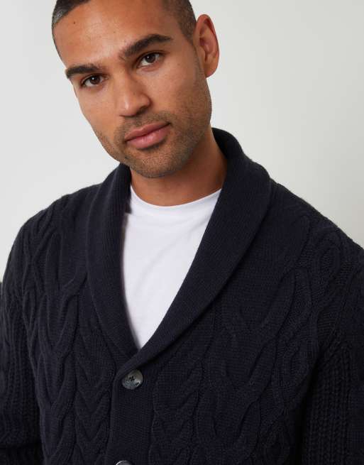 Threadbare Cable knit shawl collar cardigan with wool in navy, 2 of 4