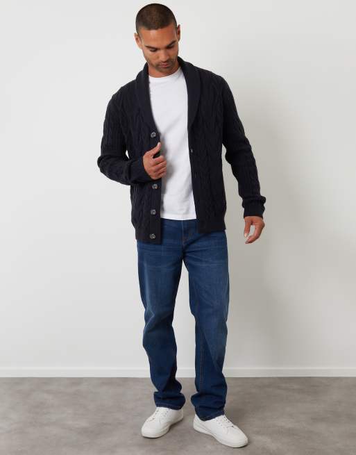 Threadbare Cable knit shawl collar cardigan with wool in navy, 3 of 4