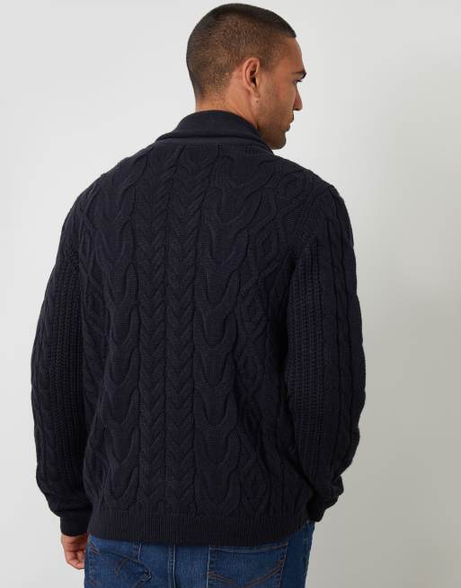 Threadbare Cable knit shawl collar cardigan with wool in navy, 4 of 4