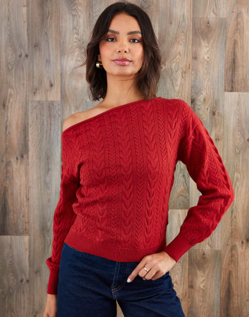 Threadbare Cable knit slash neck jumper in terracotta