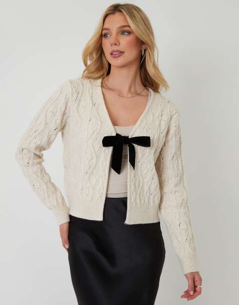 Threadbare Cable knit velvet bow detail cardigan in cream - view 1