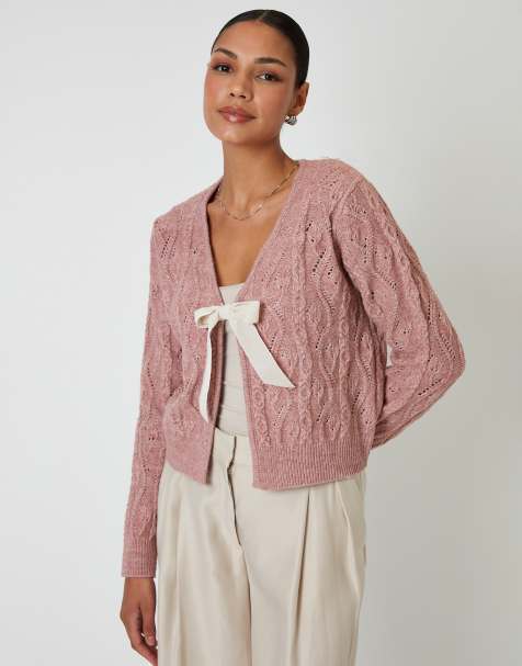 Threadbare Cable knit velvet bow detail cardigan in pink - view 1