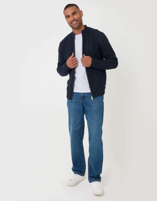 Threadbare Cable knit zip through jumper in navy, 3 of 5