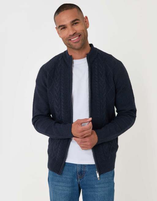 Threadbare Cable knit zip through jumper in navy, 5 of 5