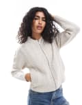 [Threadbare] Threadbare cable knit zip up cardigan in ecru-White 16 Ecru