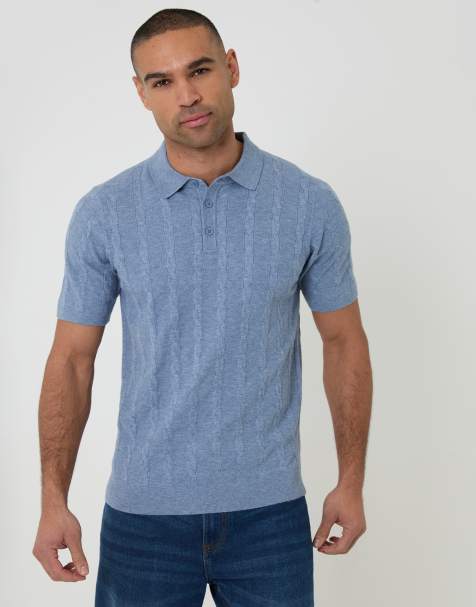 Threadbare Cable stripe knitted button polo in blue