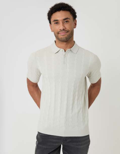 Threadbare Cable stripe knitted button polo in natural - view 1