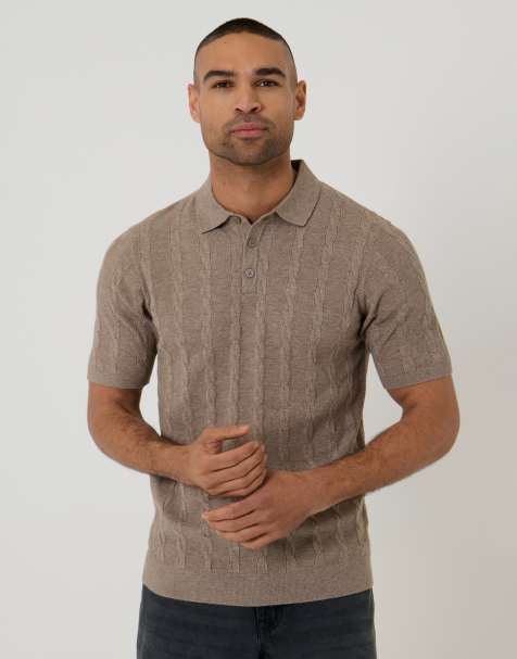 Threadbare Cable stripe knitted button polo in taupe - view 1