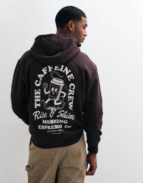 Threadbare caffeine crew graphic print hoodie in chocolate brown - view 1