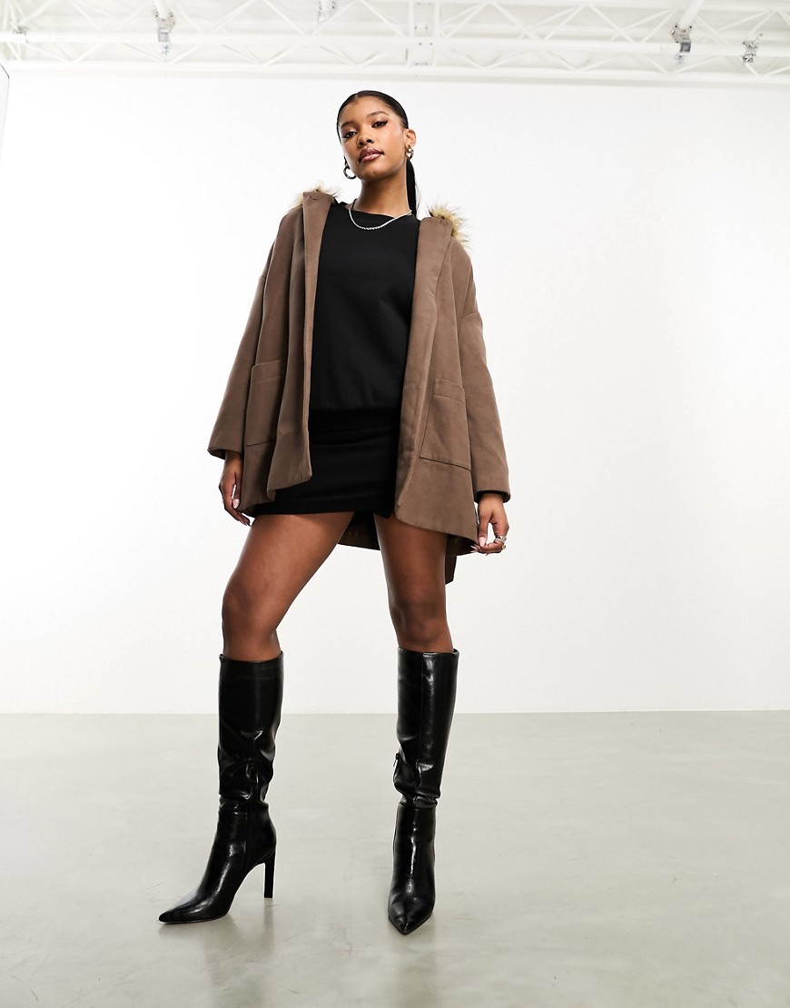 Threadbare Callie short belted formal coat with faux fur trim hood in brown