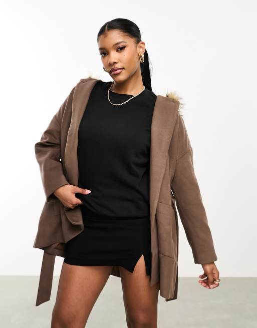 Threadbare Callie short belted formal coat with faux fur trim hood in brown