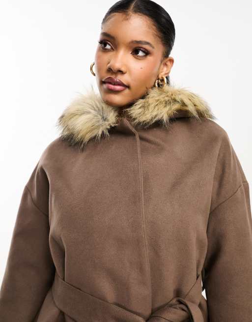 Belted Faux Fur Trim Puffer Jacket Taupe