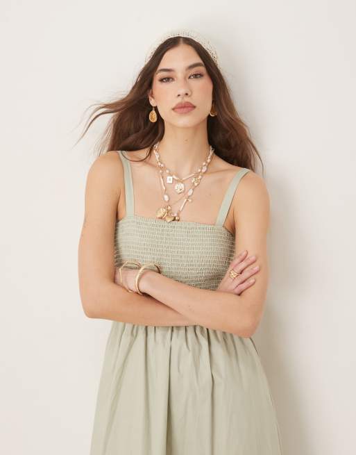 Threadbare Cami maxi jurk met smokwerk in groen ASOS