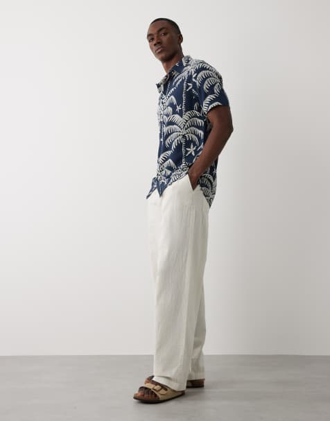 Threadbare - Camicia a maniche corte blu navy con stampa di palme - view 1