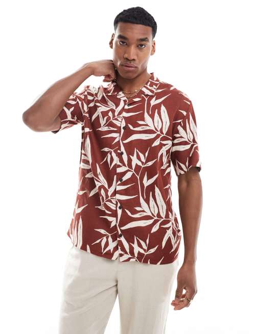 Threadbare Camicia a maniche corte color ruggine con colletto con rever e stampa ASOS