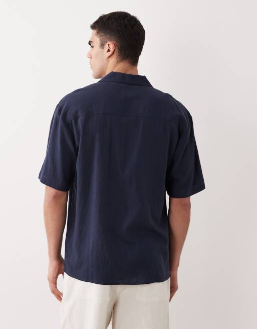 Threadbare - Camicia a maniche corte comoda in misto lino blu navy, 5 di 5