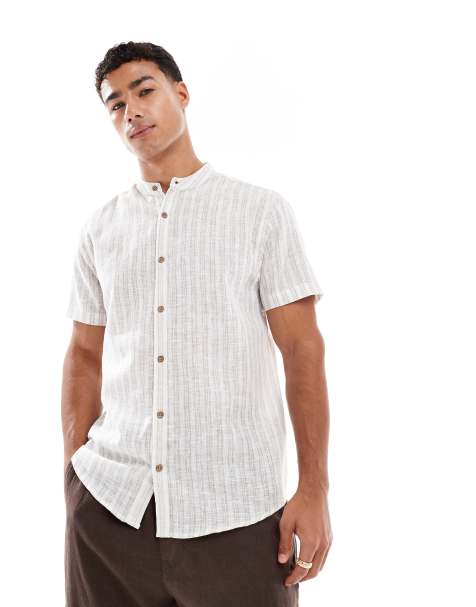 Threadbare - Camicia a maniche corte con collo serafino color pietra ed écru a righe - view 1