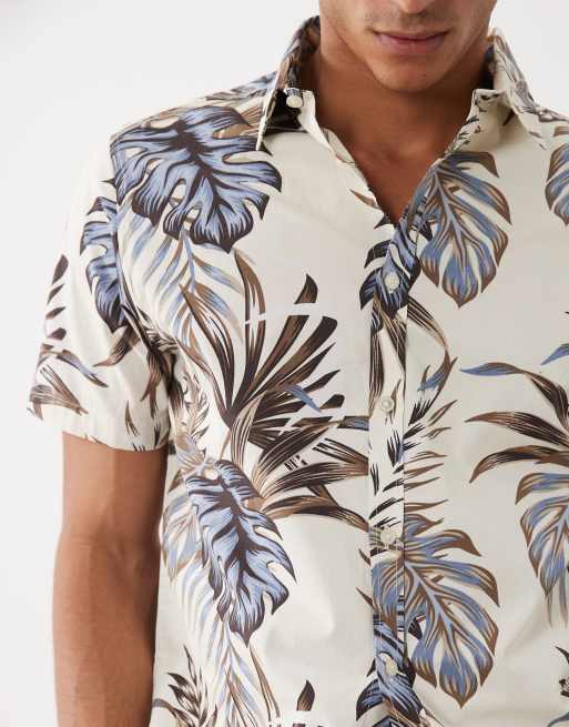 Threadbare - Camicia a maniche corte écru con stampa di palme, 4 di 5