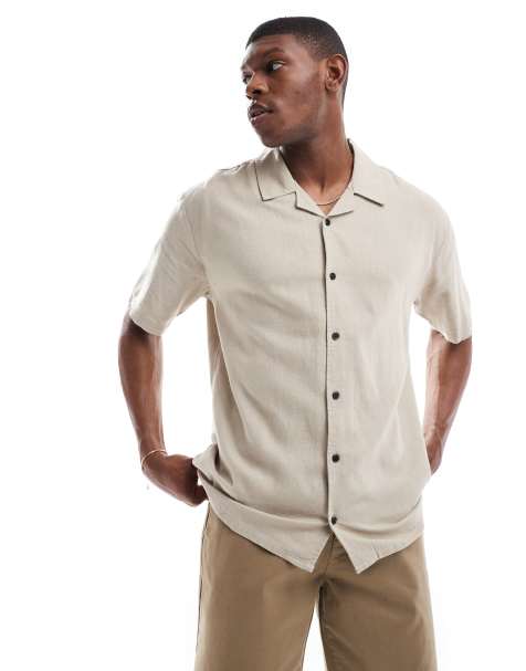 Threadbare - Camicia a maniche corte in misto lino color pietra con colletto a rever - view 1