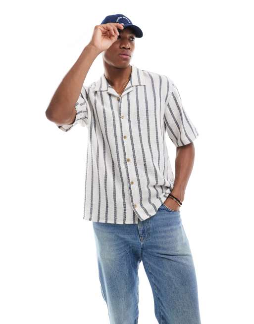 Threadbare - Camicia a maniche corte in misto lino crema a righe con rever