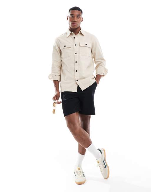 Threadbare - Camicia a maniche lunghe con tasche color pietra in lino fiammato