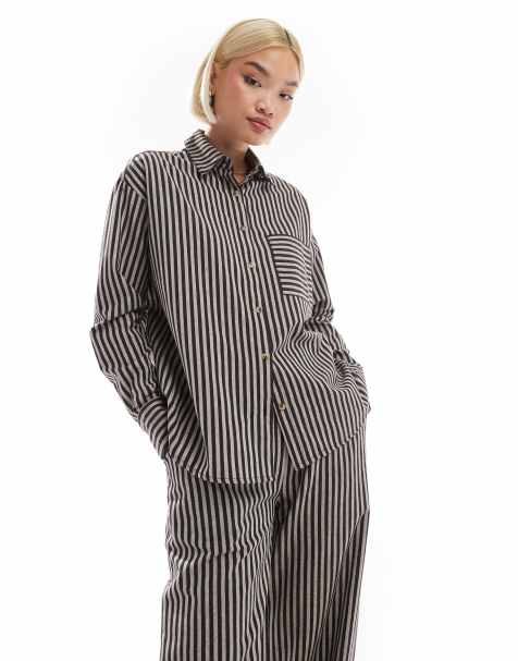 Threadbare - Camicia comoda marrone cioccolato a righe in coordinato - view 1