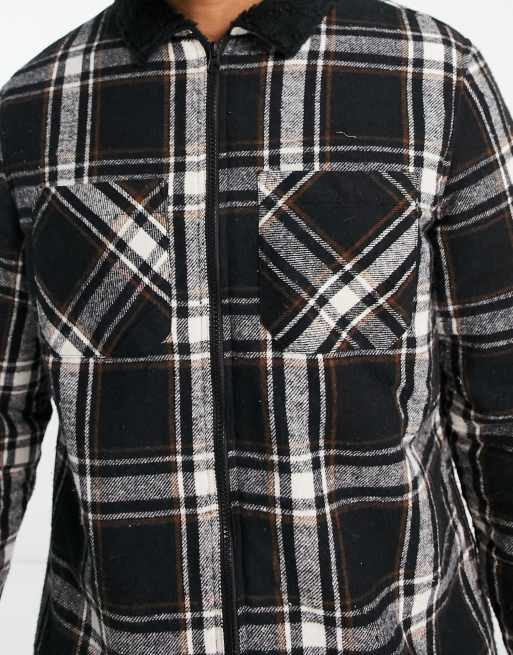 Threadbare Camicia giacca nera a quadri foderata in pile borg ASOS